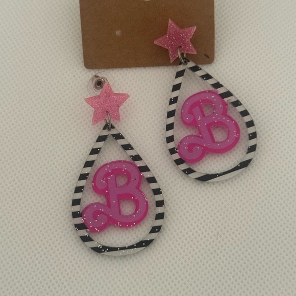 Glitter Acrylic Barbie B Earrings – Pink Star & Striped Teardrop Dangle – NWT - Picture 3 of 6